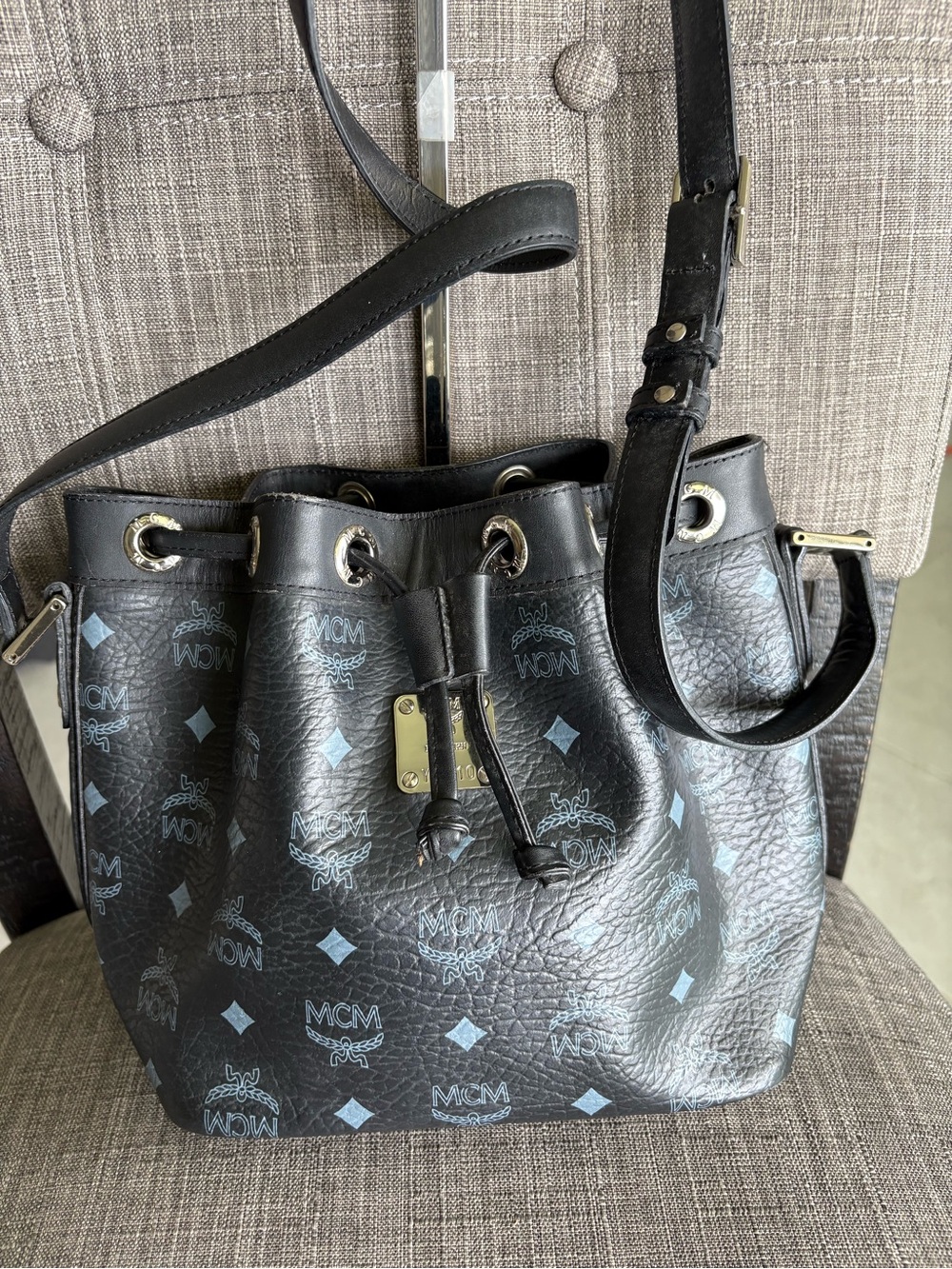 MCM Black Leather Drawstring Bucket Bag